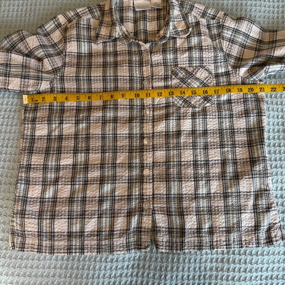 Vintage Erika Seersucker Button Down Shirt Womens Petite XL Tan Plaid Top 90s - Picture 5 of 7